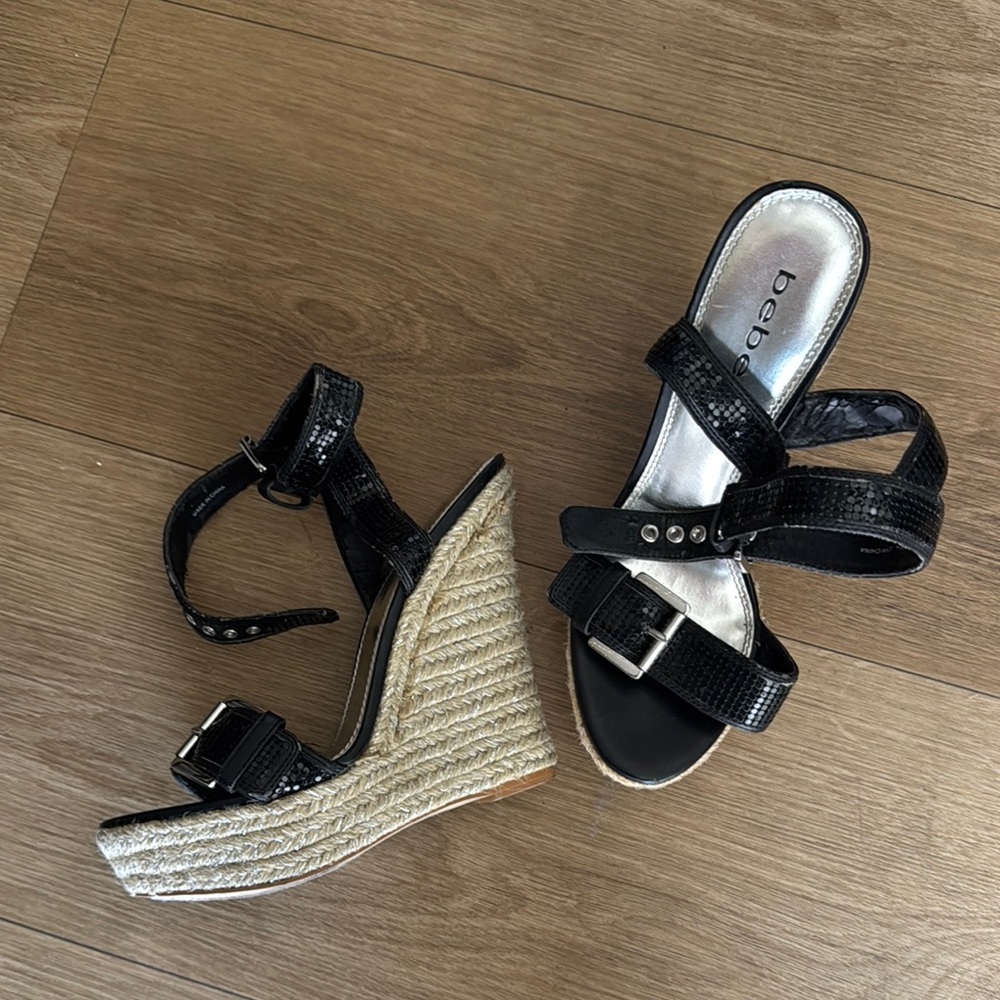 Bebe Black Wedge Sandals with Ankle Strap